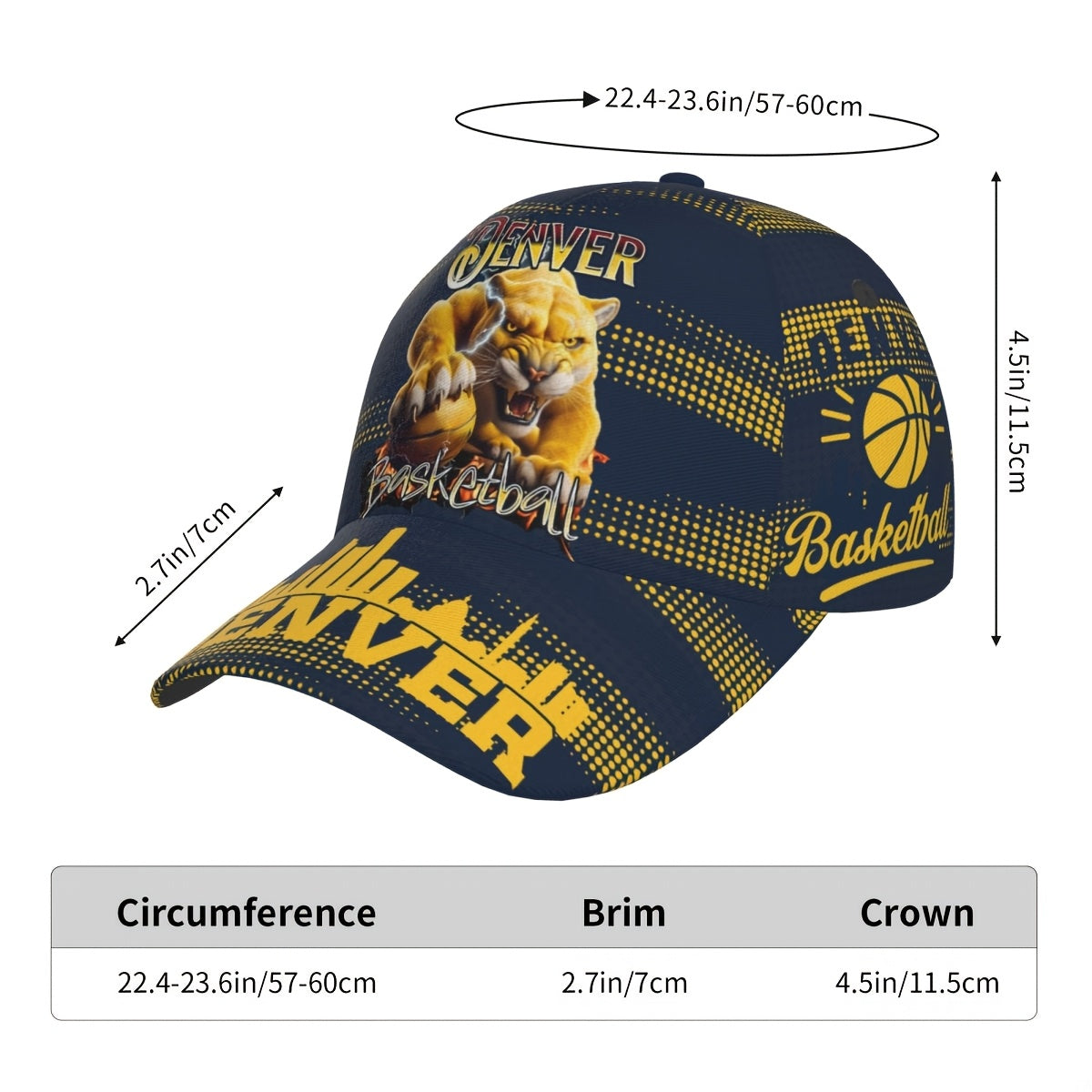 Trendy Structured Baseball Cap Featuring a Full-Print Design of a Golden Lion in a Basketball Style, Complemented by a Navy And Golden Polka Dot Stripe Texture