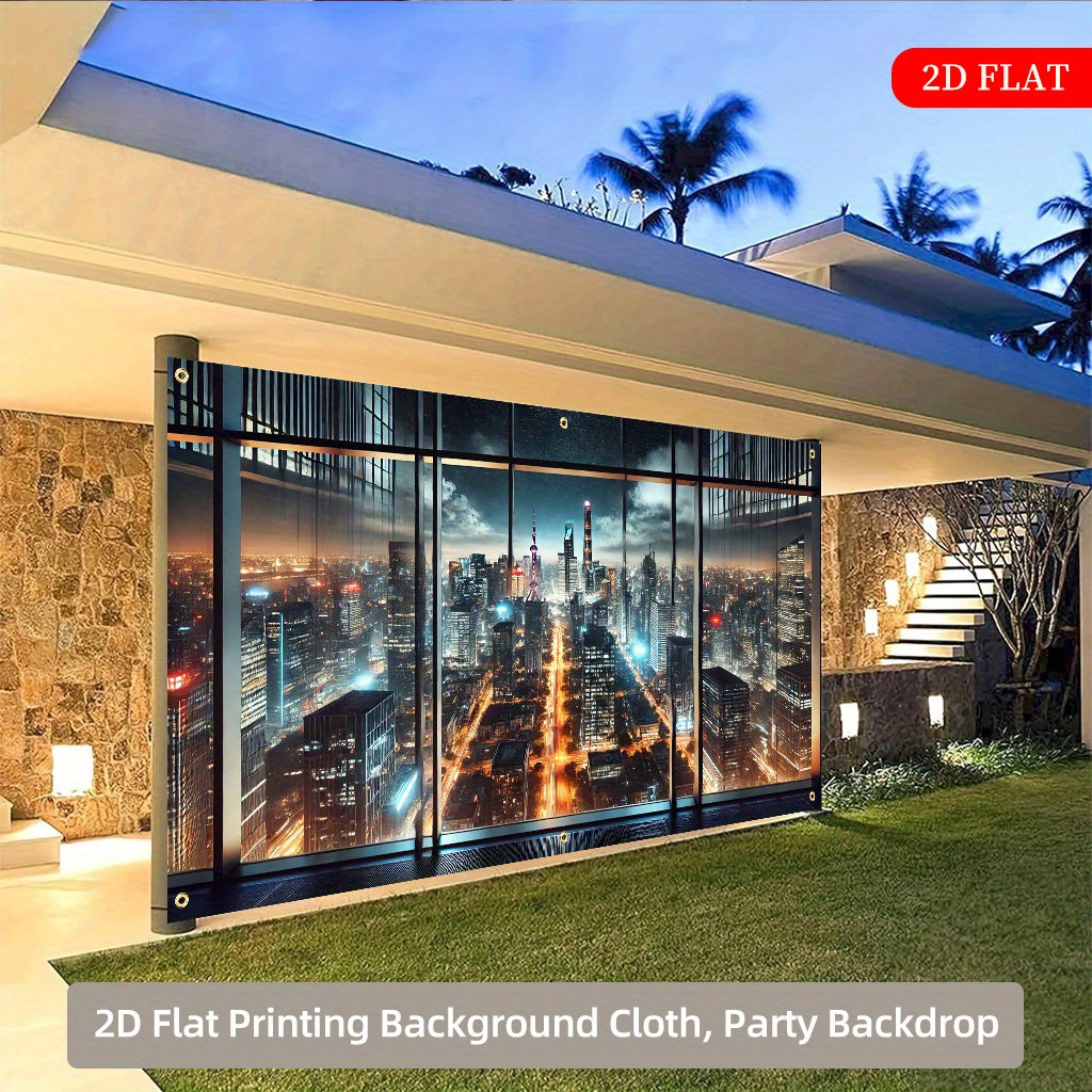 2D Flat 1-Piece Night City Skyline Polyester Fabric Backdrop, 71x157 Inches, Multi-Scene 2D Printed Decor for Parties, Festivals, Gardens & Garages – No Power Needed