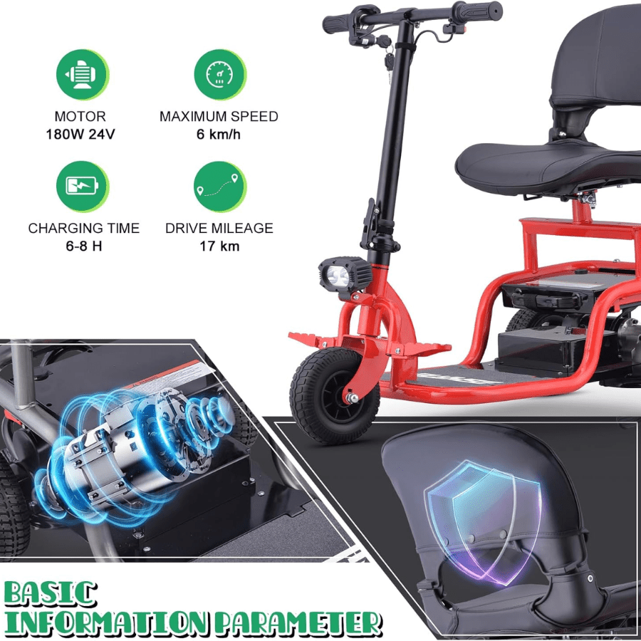 New Arrival- Portable 3-Wheel Electric Mobility Scooter | Lightweight & Foldable | 300lb Capacity | LED Lights | Rotatable Seat | Perfect for Seniors & Adults | Black/Red