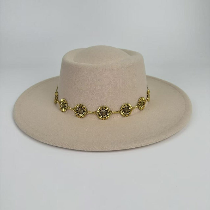 1pc Bohemian-style Unique and Fashionable Felt Hat - Decorated with Exquisite Golden Flower Chain Fedora Hat - Suitable for Daily Street Style, Music Festival Outfits, Bohemian-inspired Looks, Casual Outings and Trendy Season