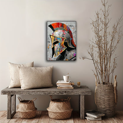 1pc Framed Spartan Helmet Canvas Art - 12x16 Inch HD Oil Painting, Bold Warrior Design with Red & Golden Accents, Modern Home Decor for Living Room, Bedroom, Office - Urban Graffiti Style, Canvas Wall Art, Bedroom Artwork, De