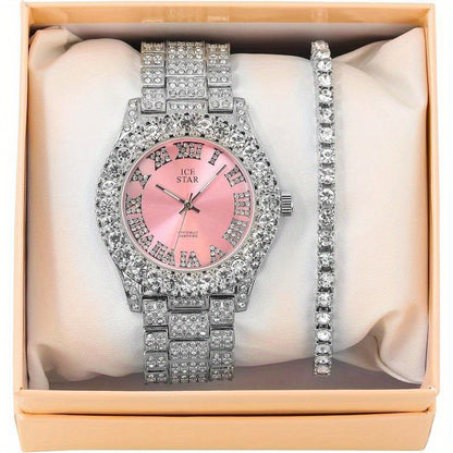 Womens Iced Solitaire Bezel Watch & Tennis Bracelet Set, 44mm Case, Women'S Jewelry Set, Gift for Her, Luxury Accessories, Sophisticated Style, Chic Design, Durable Bracelet, Highquality Jewelry, Matching Set, Bracelet And Wa