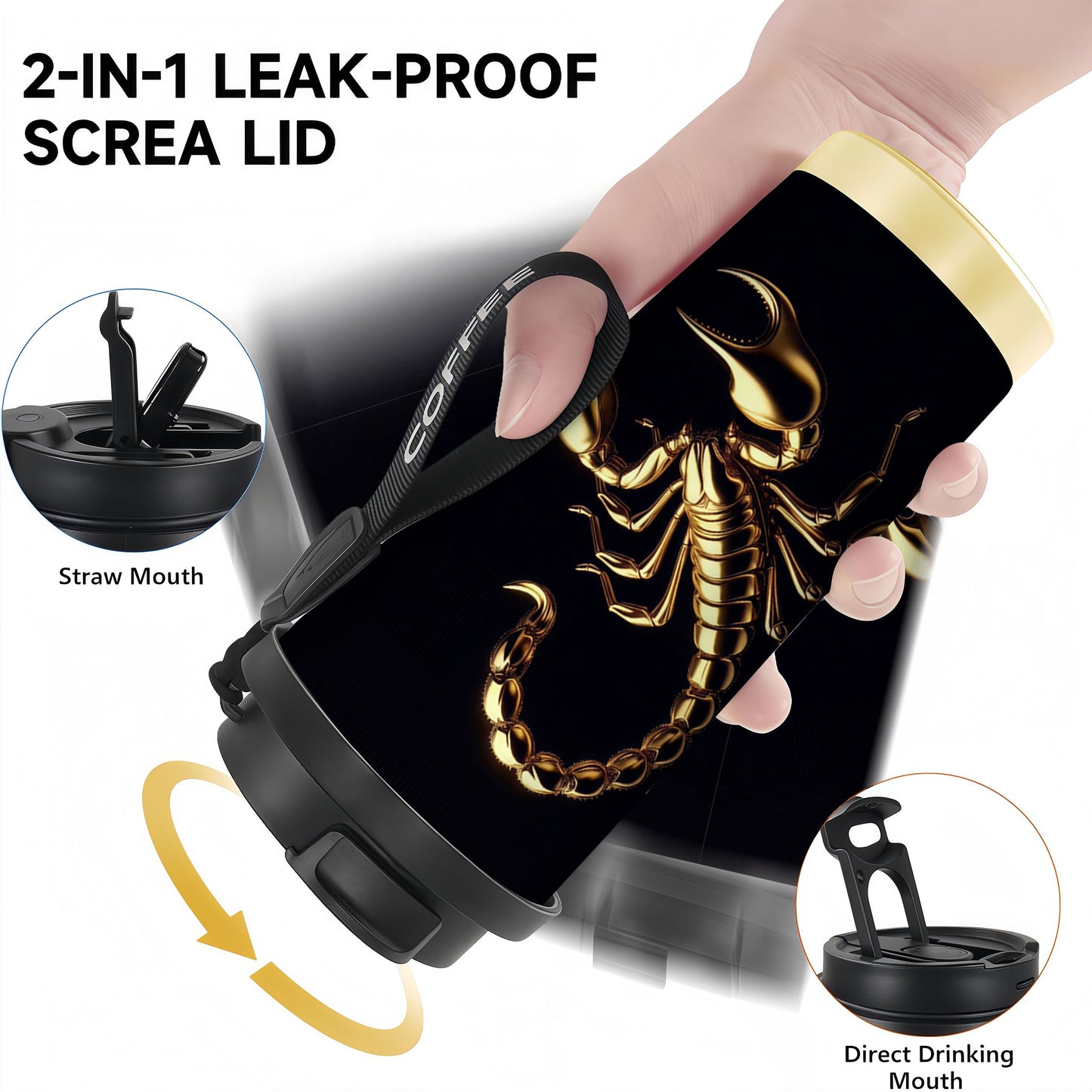 1pc 18oz Stainless Steel Tumbler with Golden Scorpion Design, Leak-Proof, Reusable Coffee Cup & Mug, Anti-Slip Base, Perfect Gift for Halloween, Christmas, Easter, Thanksgiving, Graduation, Coffee Travel Mug