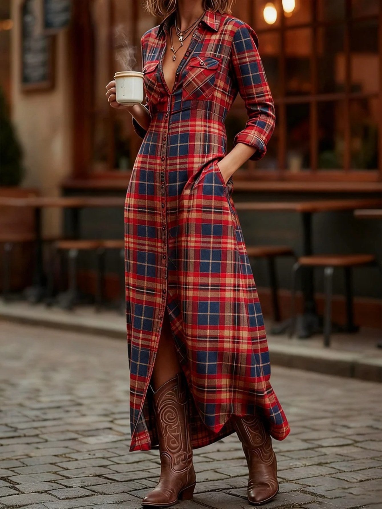 HERTALKA Fashionable Women's Dress with a Retro Checkered Long-sleeved Style