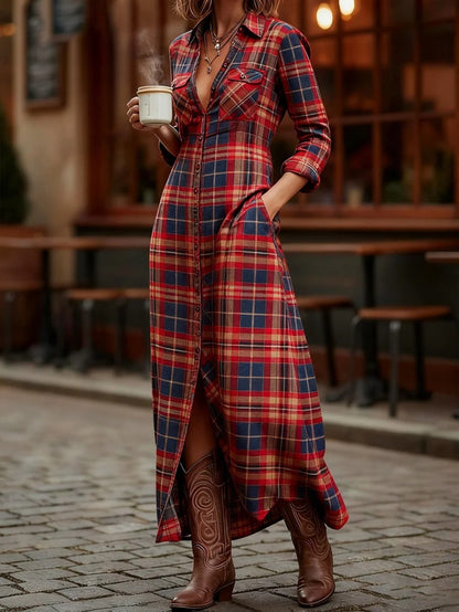HERTALKA Fashionable Women's Dress with a Retro Checkered Long-sleeved Style