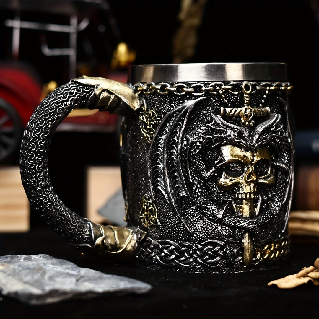 Medieval Collectible Drinkware (Hand Wash Only) - 2024 Dragon Warrior Gothic - 3D Dragon & Skull Coffee Mug & Beer Cup - Stainless Steel Insulining Cup with Celtic Knot Design - Viking-Themed Gift for Men - Christmas - Hallow