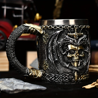 Medieval Collectible Drinkware (Hand Wash Only) - 2024 Dragon Warrior Gothic - 3D Dragon & Skull Coffee Mug & Beer Cup - Stainless Steel Insulining Cup with Celtic Knot Design - Viking-Themed Gift for Men - Christmas - Hallow