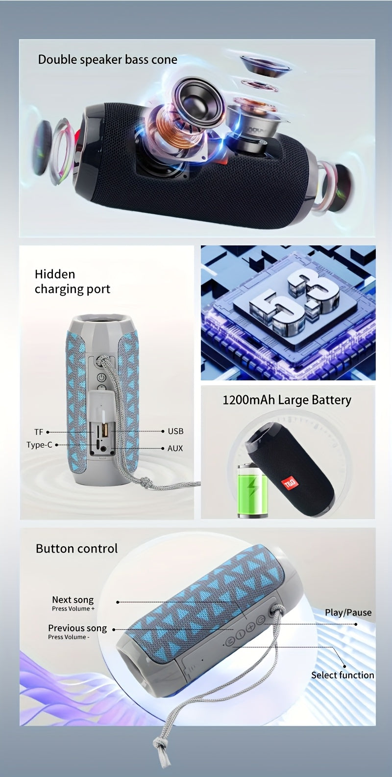 TG117 Portable Wireless Speaker, IPX4, TWS Stereo, Compatible With FM TF USB Insertion Card, Connected To Phone/tablet/TV, Wireless Portable Audio, Electronic Products, Birthday Party Gifts, Thanksgiving, Christmas Gifts