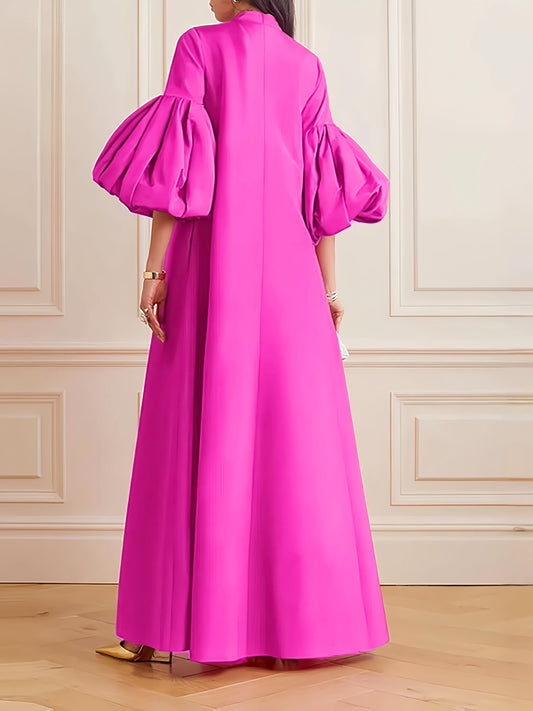 Women's Elegant A-Line Dress with Lantern Sleeves - High Neck Sleeve Solid Color Machine Washable Spring Summer Fall Casual & Formal Wear, Maxi Dress with Sleeves, Seasonal Wardrobe, Lightweight Material, Stylish Women