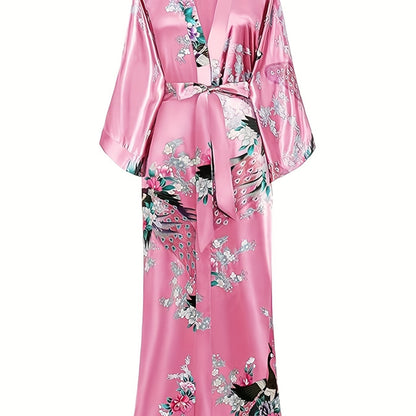Elegant Floral Kimono Women's Robe - Soft and Light Beige-Friendly V-Neck Geometric Pattern All-Season Comfortable Casual Pajamas Pajamas