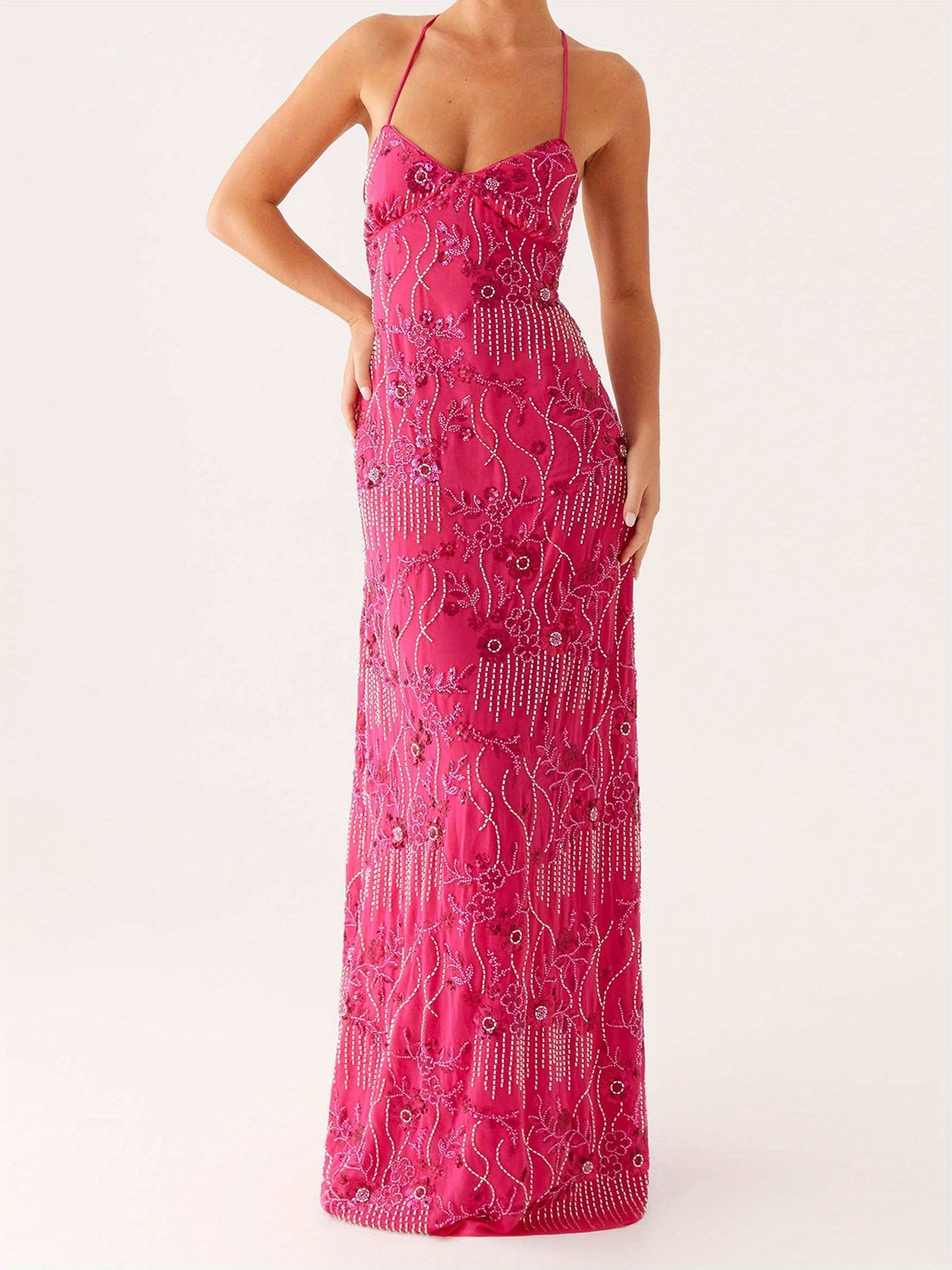 Women'S Elegant Turquoise Sequin & Floral Lace-like Sleeveless Maxi Dress - V-Neck Spaghetti Strap Summer Evening Party Dress, Lightweight Breathable Formal & Semi-Formal Outfit for Beach Events, Prom, Galas - Casual to Forma
