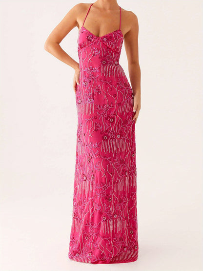 Women'S Elegant Turquoise Sequin & Floral Lace-like Sleeveless Maxi Dress - V-Neck Spaghetti Strap Summer Evening Party Dress, Lightweight Breathable Formal & Semi-Formal Outfit for Beach Events, Prom, Galas - Casual to Forma