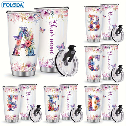 Foloda 1pc Personalized Flower Initials Tumbler Christmas Gift 20oz Mug with Letter Flower Butterfly, Travel Cup for Wedding Birthday Graduation Party, Birthday Valentine's Day Mother's Day Gifts Stainless Steel Mug with Lid