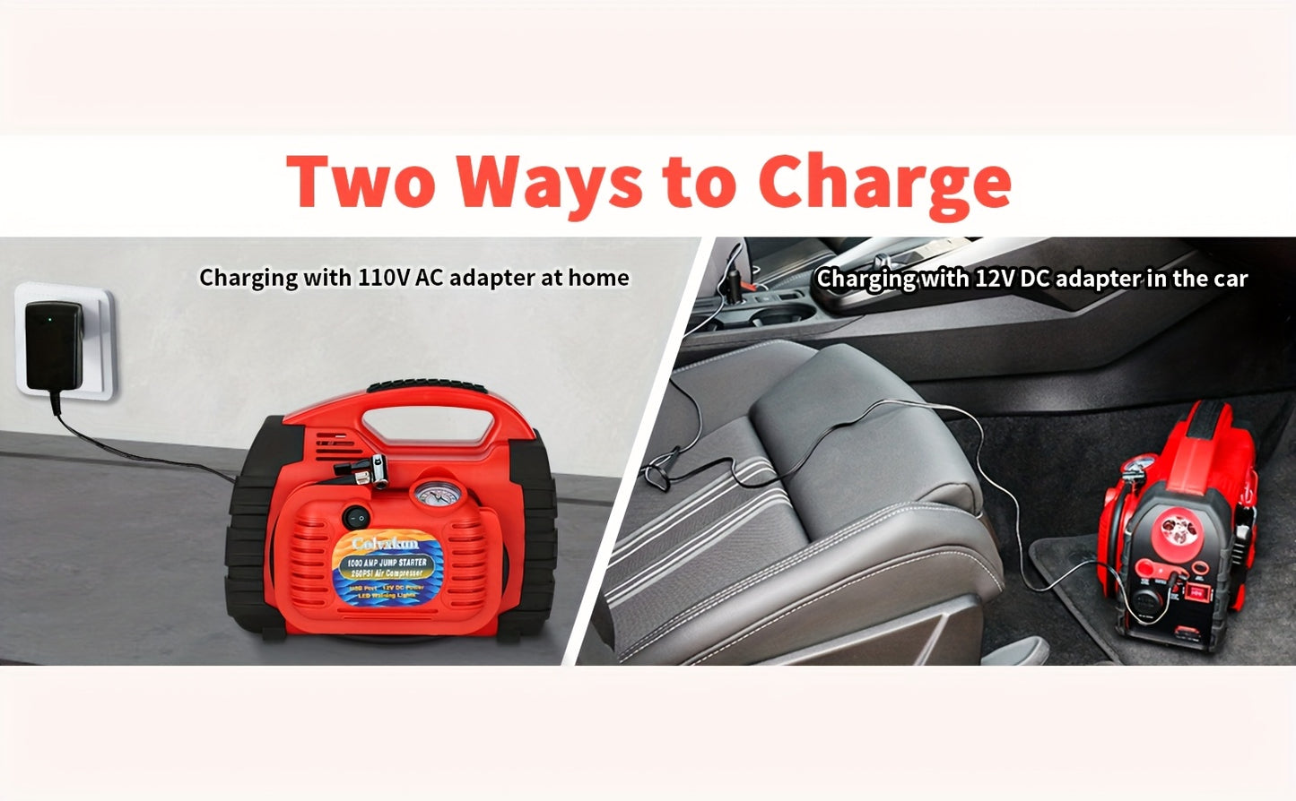 1000 Amp 12V Portable Car Jump Starter with Air Compressor, & Fast Charge - Heavy-Duty 260PSI Air, USB/ Lighter Power, Lithium-like Lead Acid Battery Booster for Trucks, RV, Boats, Motorcycles (Battery &