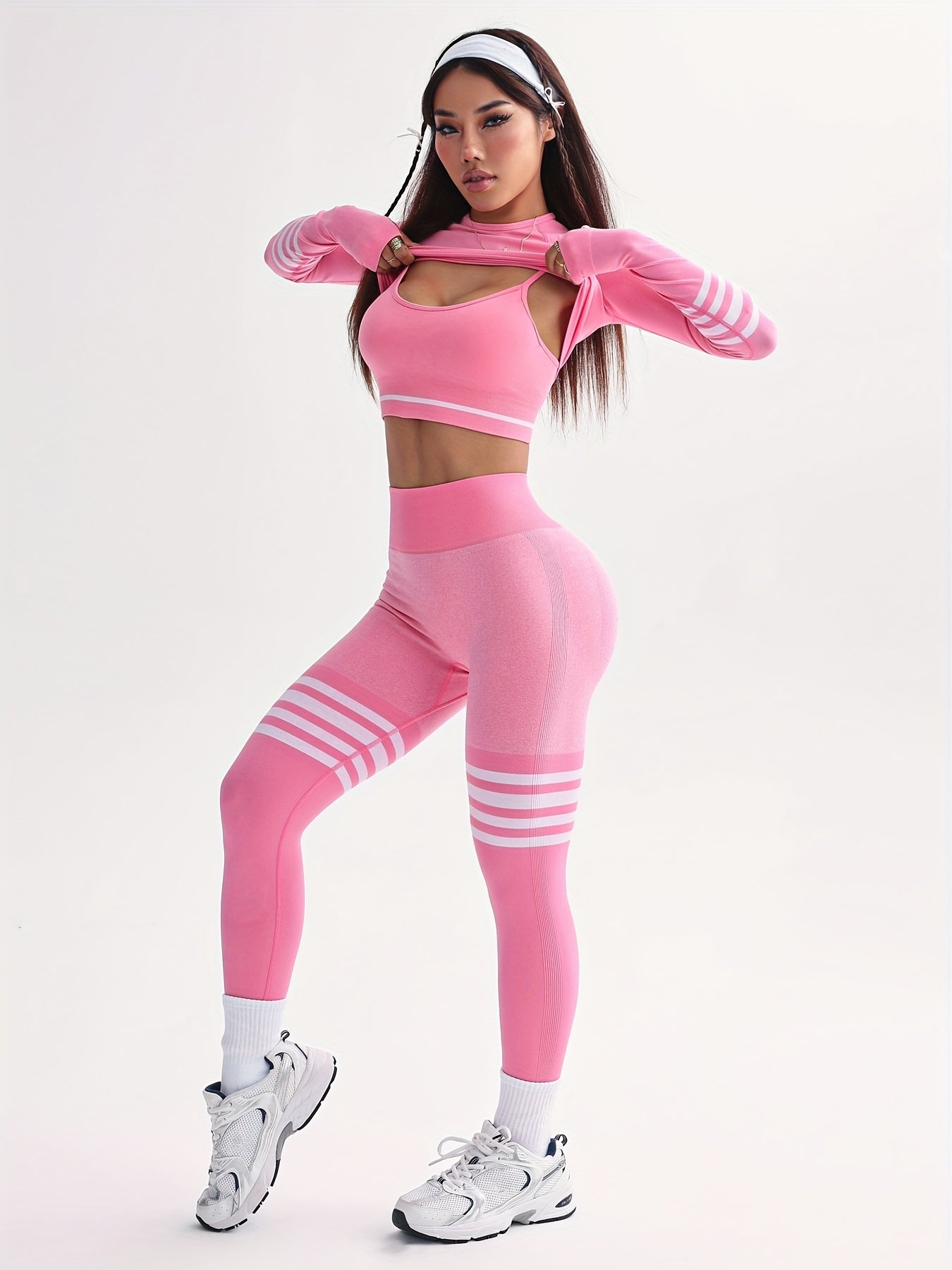 3pcs Women's Full Athletic Set - Seamless Striped Quick-Dry Sports Bra, Tight-Fitting Long Sleeve Gym Pants with Moai Panel Technology | High-Elasticity Moisture-Wicking Fabric for Running, Gymnastics, Training Outfit (All-Se