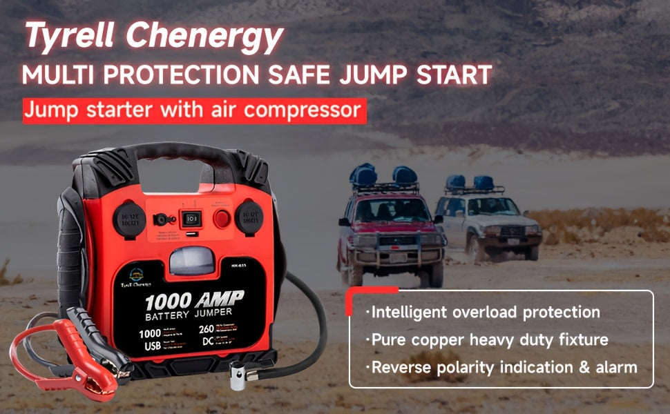 Heavy-Duty 1000A Peak, 12000mAh Fast-Charging Jump Starter with USB/DC Output, Portable Car Battery Booster with LED Light, for Cars, Trucks, SUVs, Boats, RVs - Compatible with Lead Acid/Battery/USB Power - Ideal for Emergenc