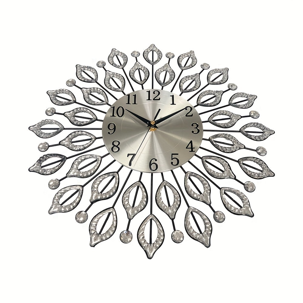 1pc silent decorative wall clock, 15.35 inch black metal material, with easy to read numbers, acrylic leaf rhinestones design, suitable for multiple places such as living room and bedroom, and a new house gift, Living Room Wa