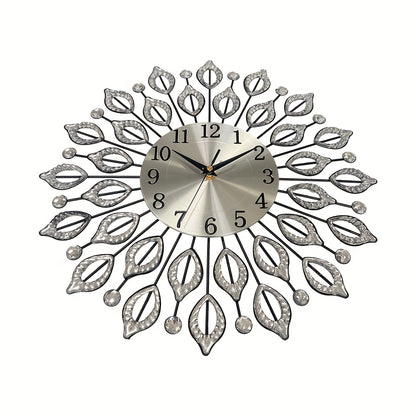 1pc silent decorative wall clock, 15.35 inch black metal material, with easy to read numbers, acrylic leaf rhinestones design, suitable for multiple places such as living room and bedroom, and a new house gift, Living Room Wa