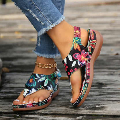 Women'S Plus Size Ethnic Floral Sandals - Adjustable Ankle Strap, Open Toe Platform Wedge Heel, Vibrant Embroidered Flower Design, Summer Casual Shoes, European & American Style, Summer Footwear | Vibrant Embroidery | Durable