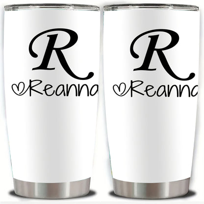 Personalized Stainless Steel Tumbler 20oz - Custom Name/Initials/Text - Double-Wall Insulated Cup with Leakproof Lid & Elegant Cursive Lettering - White with Black Lettering - Ideal Gift for Valentine's, Birthday, Office, Tra