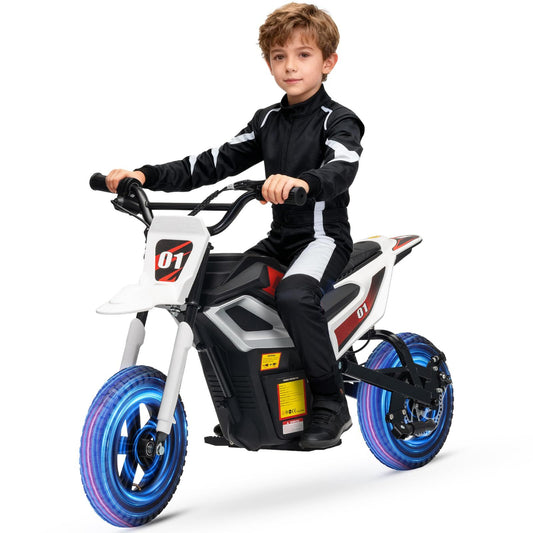 24V 350w Kids Motorcycle, 13. 67 Mph Max Speed Kids Electric Bike, Dirt Bike with Rear Wheel Suspension, Music, 12 Miles Range, Twist Grip Throttle, Metal Suspension, Rubber Tire, Leather Seats