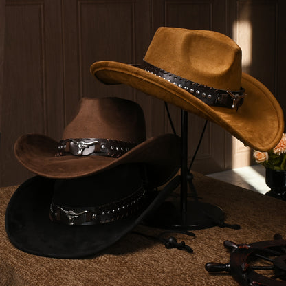Unisex Western Cowboy Hat - Classic Suede-like Texture with Metal Studs & Cow Pattern, Lightweight Durable Braided Design, Feather-Free & Non-Washable, Elegant Wide Brim for Men & Women - Western-Themed Events, Rodeo, Casual