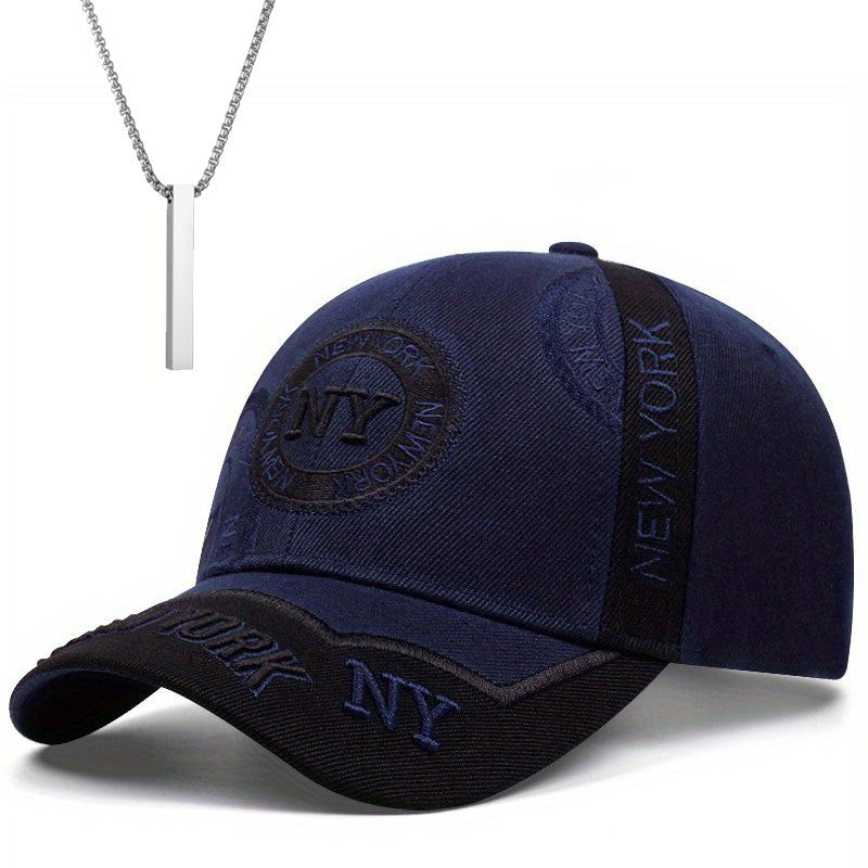 2pcs One Hat Plus One Necklace Men's Outdoor Full-Print Tactical Camouflage NY Pattern Baseball Cap and Faith Bar Pendant, Suitable for Climbing, Cycling Accessories, Christmas Party