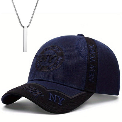2pcs One Hat Plus One Necklace Men's Outdoor Full-Print Tactical Camouflage NY Pattern Baseball Cap and Faith Bar Pendant, Suitable for Climbing, Cycling Accessories, Christmas Party