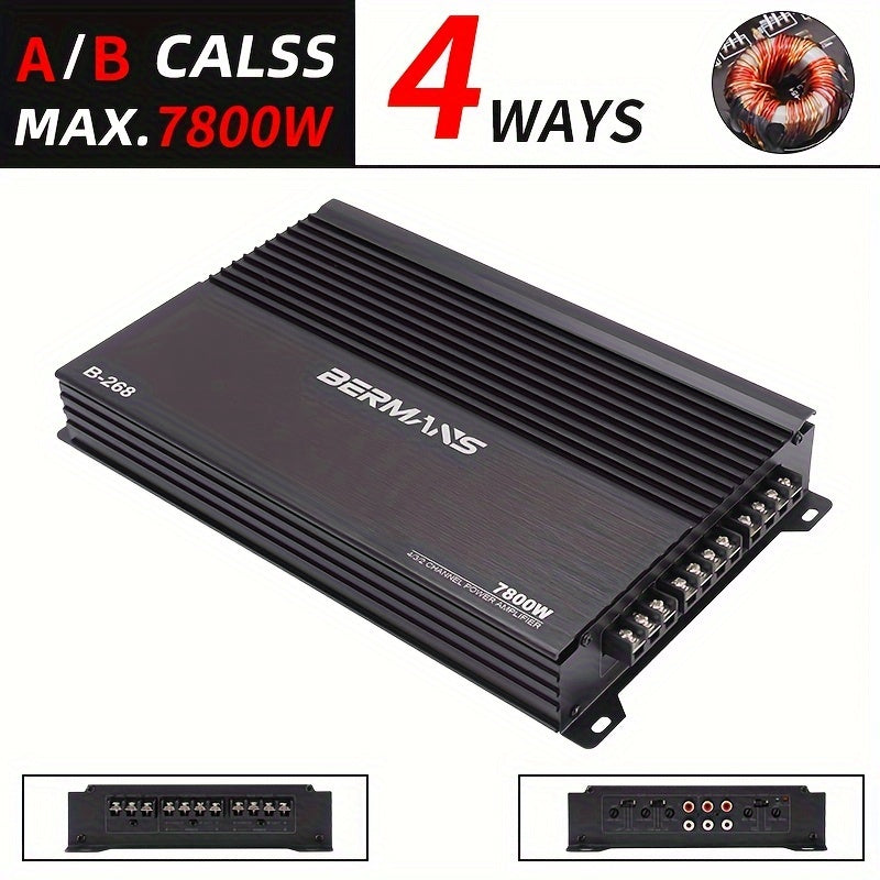 Bermans 7800W Max Power 4-Channel Class AB Car Amplifier - 12V High-Power Stereo Amplifier with MP3 Cable Compatible RCA Inputs, Compact Auto Sound System for Subwoofer & Speaker, Car Audio Upgrade (Compatible with Smartphone