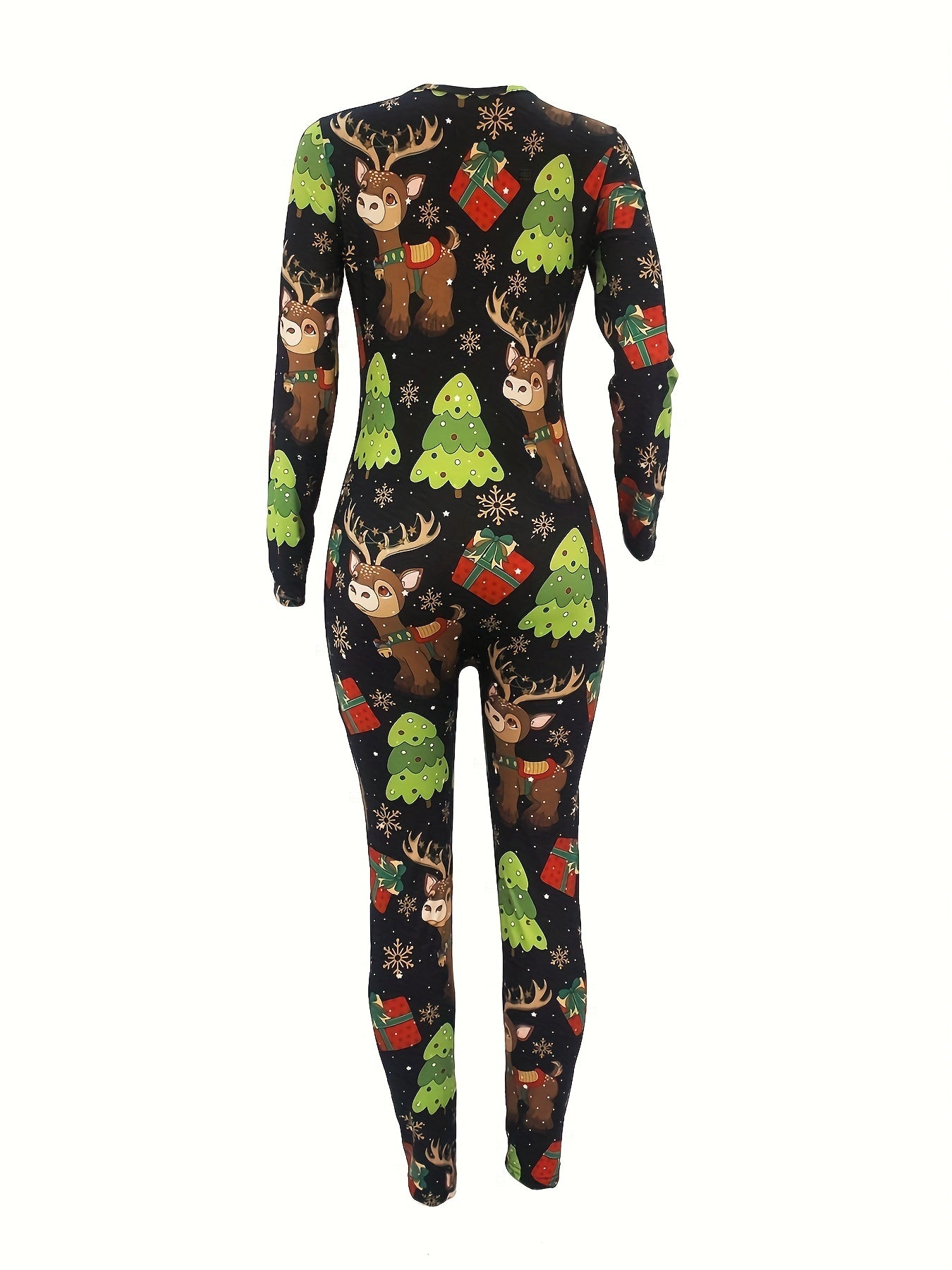 Women'S Christmas Print Off-Shoulder Long Sleeve Jumpsuit - Sexy V-Neck Button-Up Romper with Reindeer & Snowflake Design, Stretchy Polyester Blend, Machine Washable, Perfect for Holiday Loungewear & Sleepwear, Christmas Romp