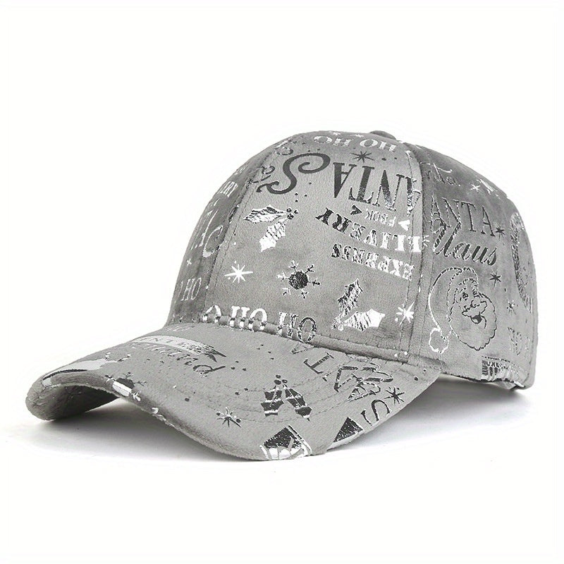 1pc Christmas Reflective Baseball Cap Adjustable Lightweight Polyester Vintage Distressed Six-Panel Street Style Cap with Random Print Patterns (Stars/Hearts/Music Notes) - Unisex Casual & Festive Holiday Accessory, Streetwea