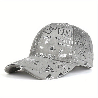 1pc Christmas Reflective Baseball Cap Adjustable Lightweight Polyester Vintage Distressed Six-Panel Street Style Cap with Random Print Patterns (Stars/Hearts/Music Notes) - Unisex Casual & Festive Holiday Accessory, Streetwea