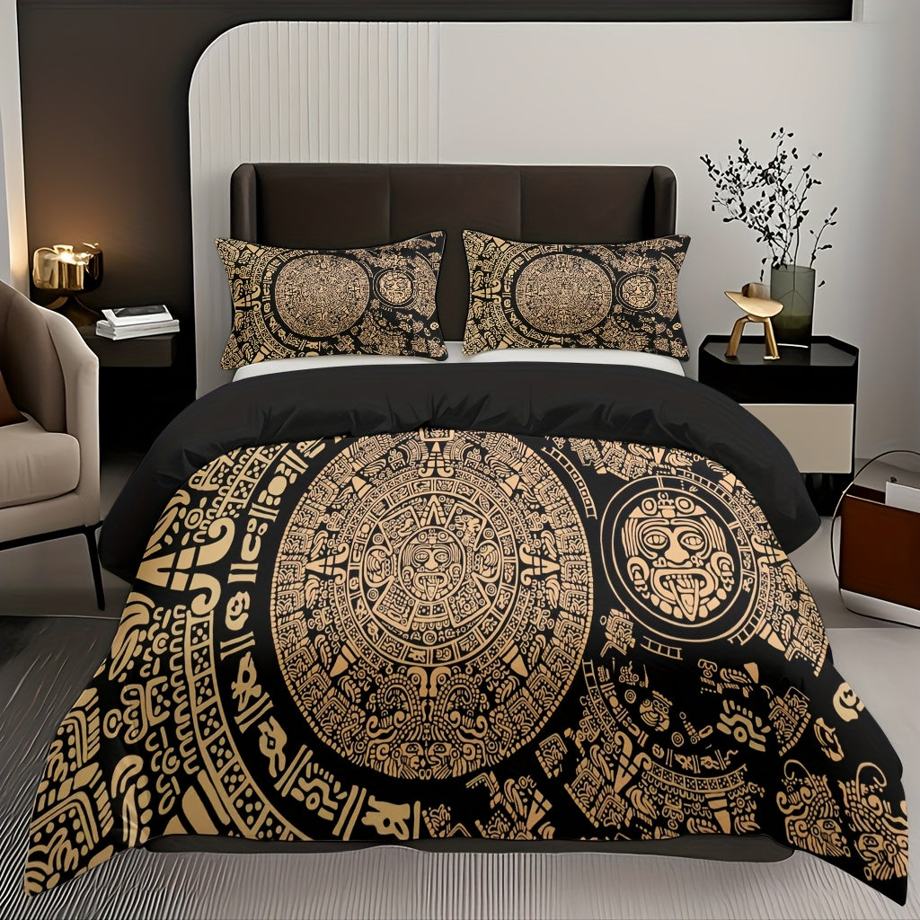 3pcs Comfortable Retro Mayan Civilization Theme Duvet Cover Set, Soft High-Definition Digital Print, Black And Golden Design, All-Season, Family And Friends Gift, Machine Washable (1 Duvet Cover + 2 Pillowcases, No Filling)