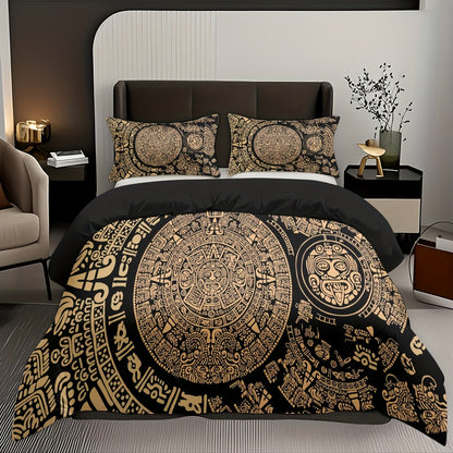 3pcs Comfortable Retro Mayan Civilization Theme Duvet Cover Set, Soft High-Definition Digital Print, Black And Golden Design, All-Season, Family And Friends Gift, Machine Washable (1 Duvet Cover + 2 Pillowcases, No Filling)