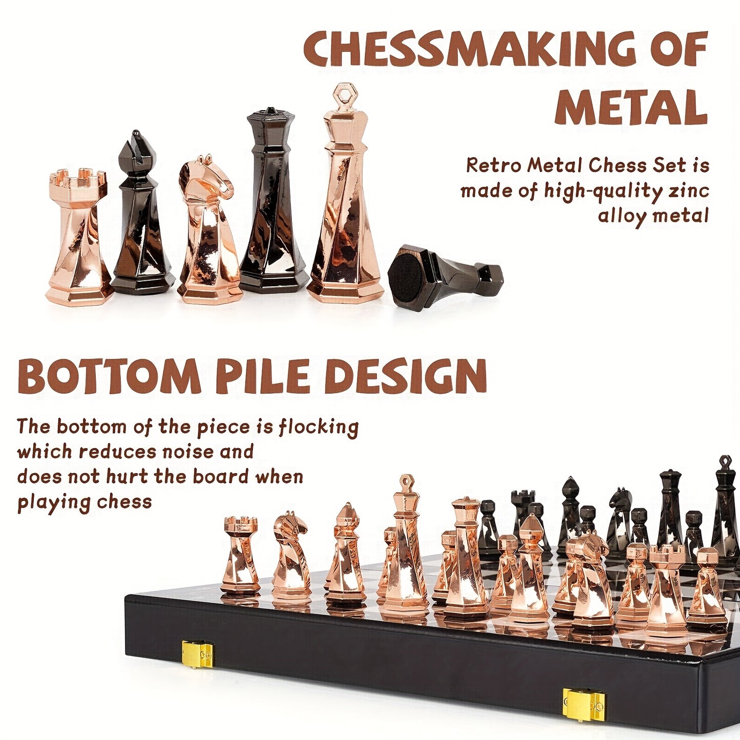 Metal Chess Set for Adults, 15" Wooden Chess Board with Modern Metal Chess Pieces Travel Chess Sets with Metal Chessmen, Collectible Elegant Chess Game, Family Vintage Board Game, Marbled Chess Board