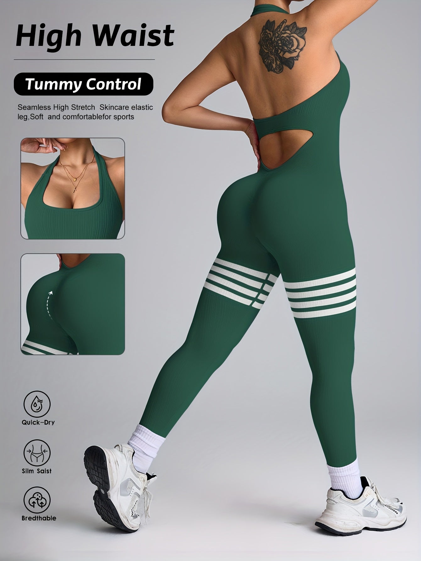 Women's High-Waisted Yoga Rompers - Butt-Lifting & Tummy Control Workout Bodysuit, Non-See-Through Quick-Dry Athletic Onesie for Gym, Yoga, Dance - Machine Washable Fitness Suit, Durable Sportswear, Gym Wear, Seamless Design,