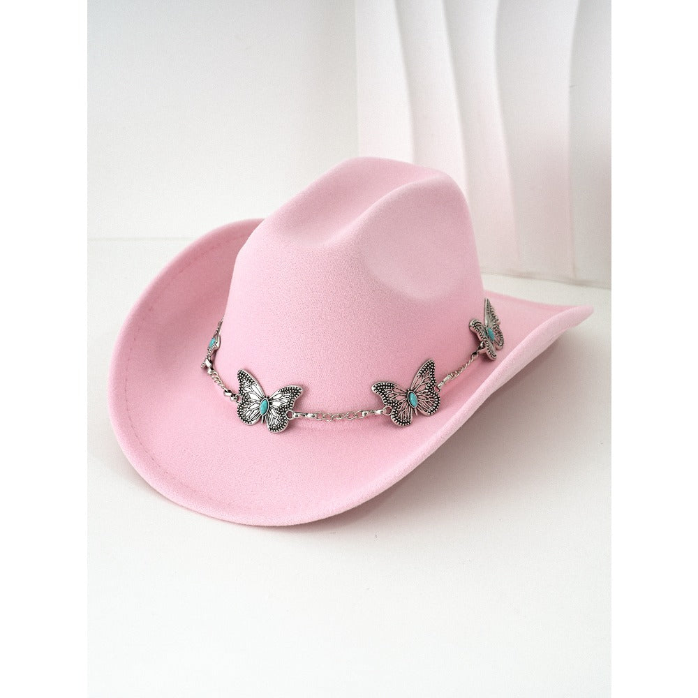 Women'S Bohemian Turquoise & White Cowboy Hat - Felt Wide Brim Sun Hat with Butterfly Metal Chain Accent, Non-Stretch Formal & Western Style for Christmas, Festivals, Casual Attire - Hand Washable Elegant Felt Cowboy Cap, Cow