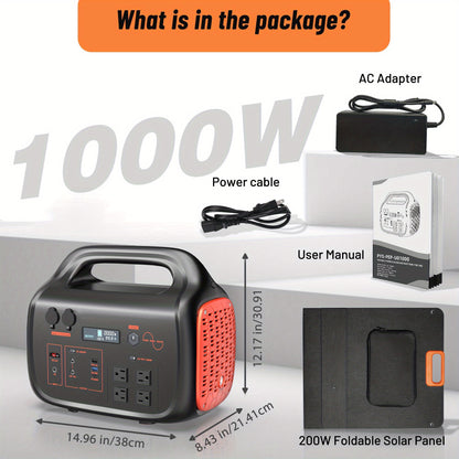 300W/600W/1000W+200W Solar Panel Portable Power Station, 1075Wh Backup Lithium Battery, 120V/1000W AC Outlet, Solar Generator For Home, RV, Outdoor, Camping And Emergencies Use