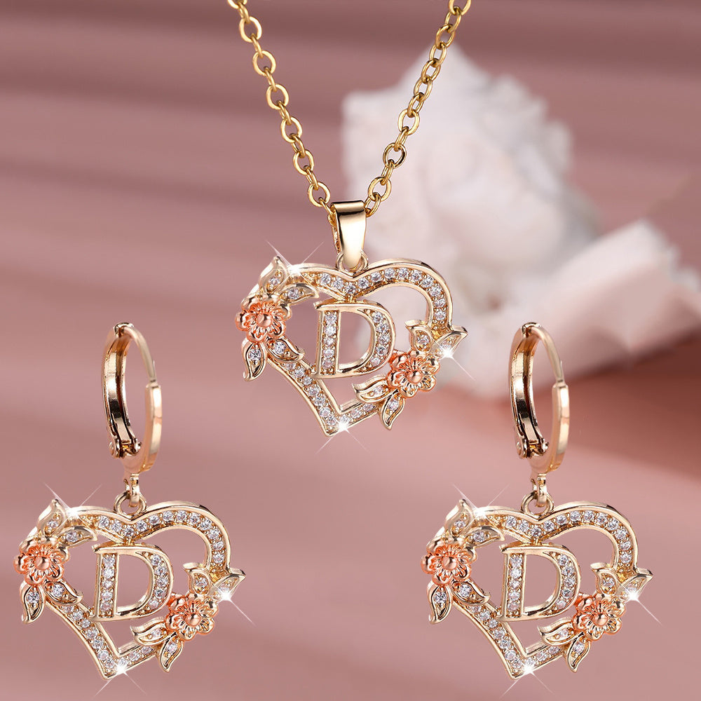 3pcs Women's Initial Jewelry Set - Heart-Shaped Interlocking Link Necklace & Earrings with 26-Letter Monogram, Elegant Golden-Tone -Accented Letters, Dainty Everyday Gift for Mother's Day, Graduation, Birthdays (Pink & Clear