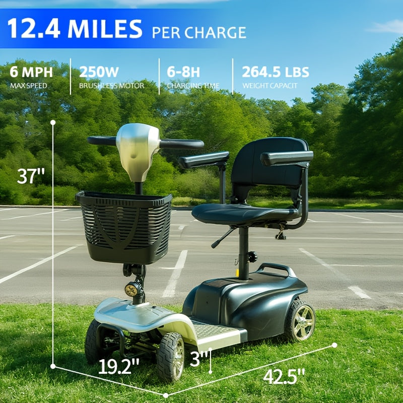 A Four-wheeled Foldable Electric Mobility Scooter For Seniors, It Has A 250W Motor, 24V Power System, 15-mile Range, Front LED Lights, Detachable Basket, Rotatable Seat, And Folds For Car Storage, The Perfect Choice For Daily