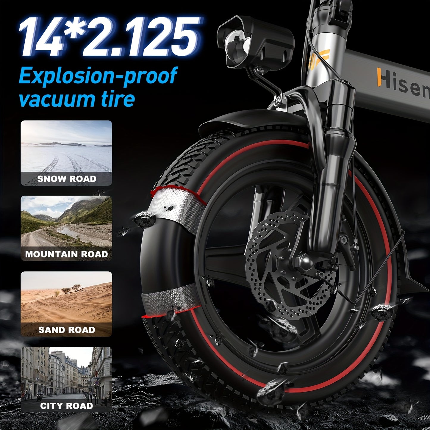 Hisent Adult Electric Bicycle, 48V 6A10A/15A/17.5A Lithium Battery, 20MPH, 8-35 Miles Range, 740W Brushless Motor, Multiple Shock Absorbers, 14" High-quality Tires, 3-step Folding, LCD Display, with Headlight And Taillight, C