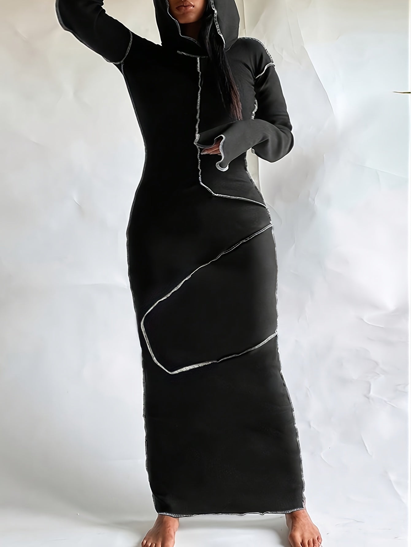 Fashionable Hooded Sweatshirt with Contrasting Seams, Fitted Long Skirt, Street-Style Dress