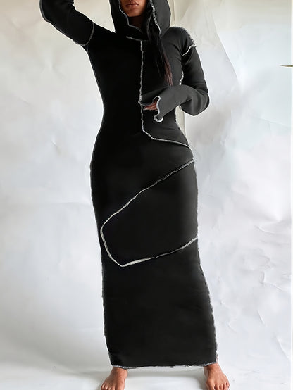 Fashionable Hooded Sweatshirt with Contrasting Seams, Fitted Long Skirt, Street-Style Dress
