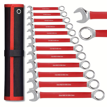 12pcs Heavy-Duty Chrome Vanadium Steel Two-Way Wrench Tool Set with Red Canvas Bag - 6mm-17mm Metric Sizes, 12-Point Box End & Open-End Wrenches, Non-slip Grip Handles For Automotive, for bicycle, Home Repair - Durable Metal