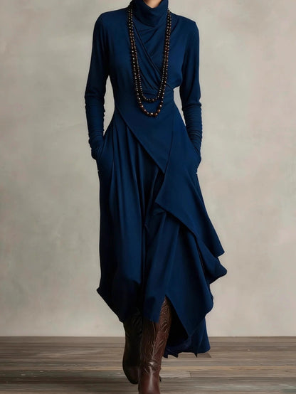 Plus Size - HERTALK Women'S Solid Color Long-Sleeved Cross High-Neck Dress Long Dress