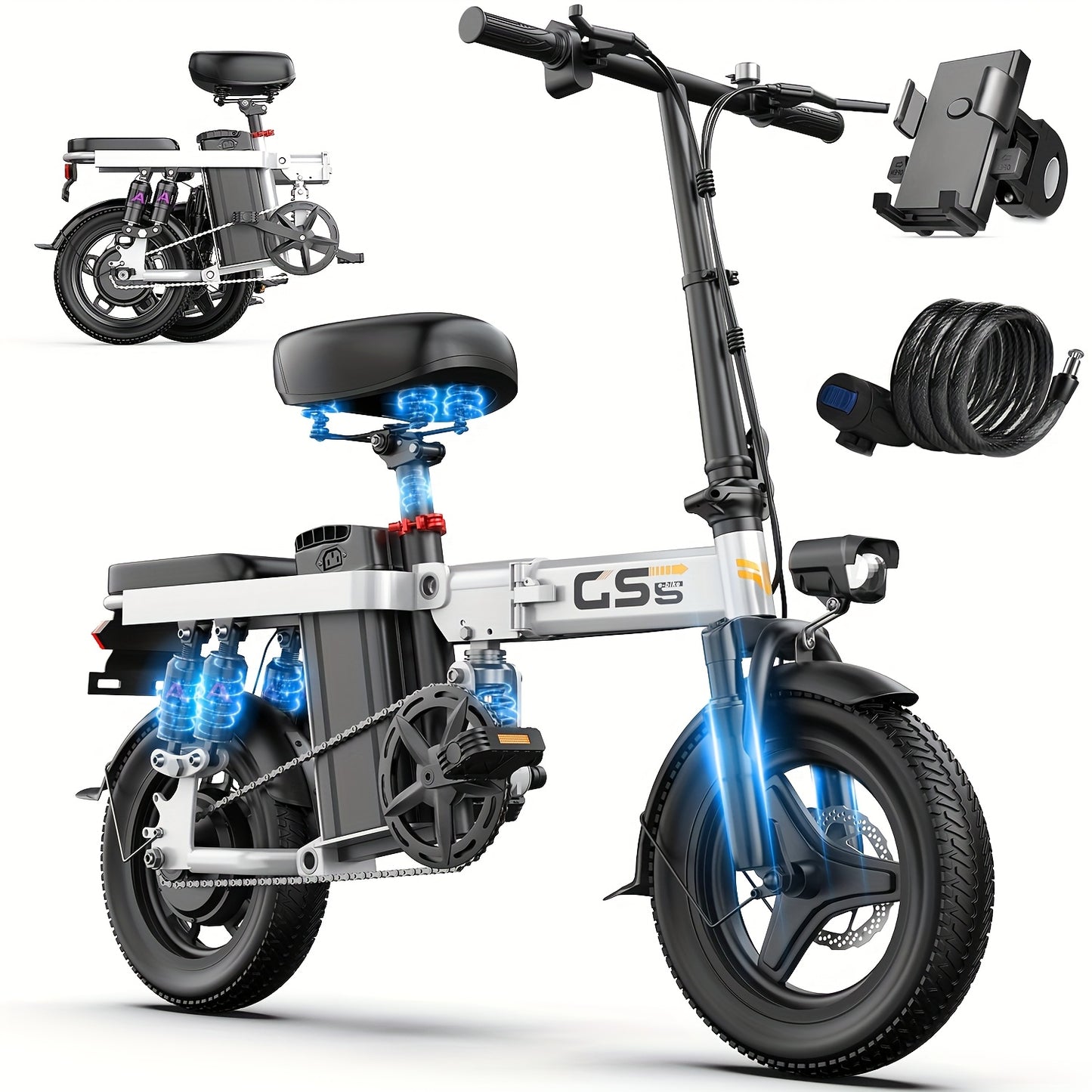 UPlee Peak Power 740W Electric Bike For Adults, 20MPH Full Shock Absorption Comfortable Riding, 48V6/8/10/15/17.5Ah, Max 32Miles Folding Ebike, 14'' Tubeless Off-road Tire, City Commuter
