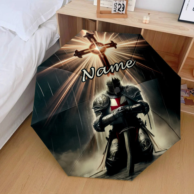 Personalized Medieval Knight Templar Umbrella - Name/Text, Automatic Open/Close, Heavy-Duty 8-Rib Windproof Design, Medieval-Themed Gift for History Buffs, Knights, Birthday or Christmas Present - Portable Travel Umbrella for