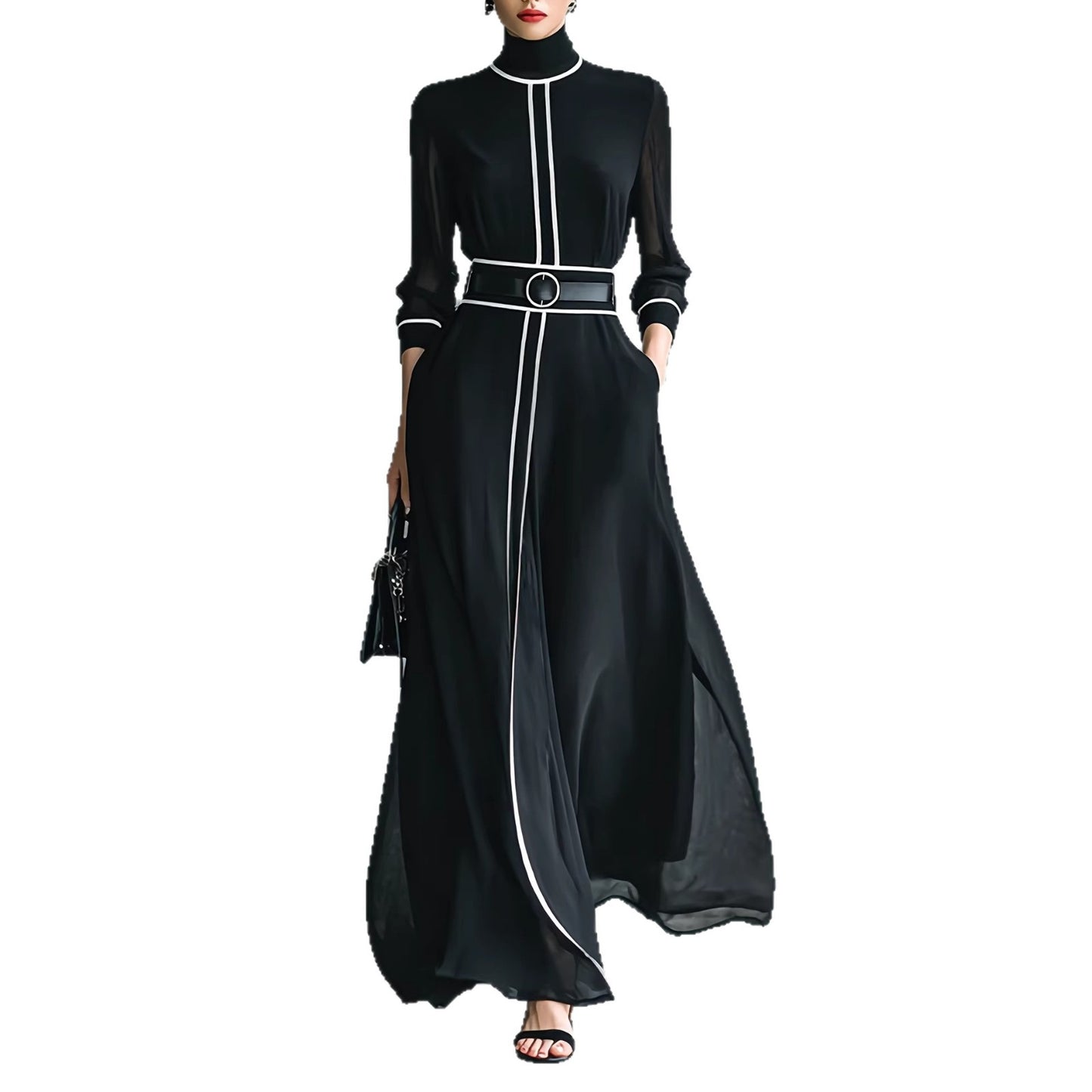 ARTPAGE Spring French Elegant Color-Block Long-Sleeve Dress with High Neck, Chiffon Long Skirt, and Belt