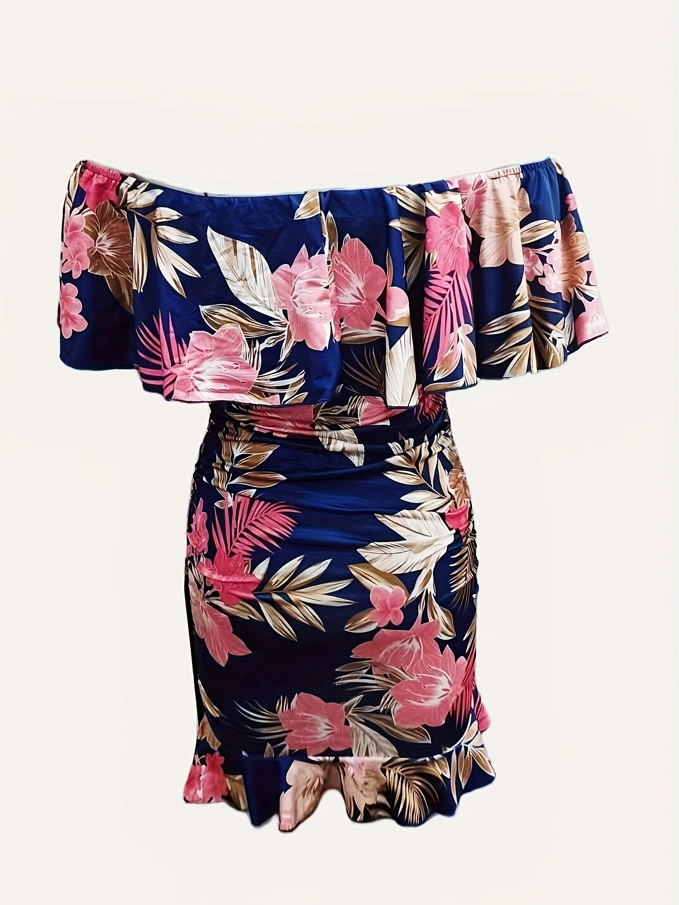 Floral Print Off Shoulder Dress, Sexy Ruched Bodycon Dress For Spring & Summer, Women's Clothing
