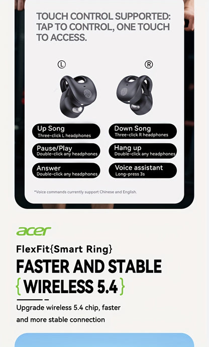 [Acer 2025 New Model]Acer OHR555 TWS Wireless Earphones, Shocking Bass, Call Noise Reduction, Ultra Long Standby, Low-latency Gaming, All-day Comfort, Lightweight Touch, Stylish Appearance, Study/Business/Travel/Sports/Music,